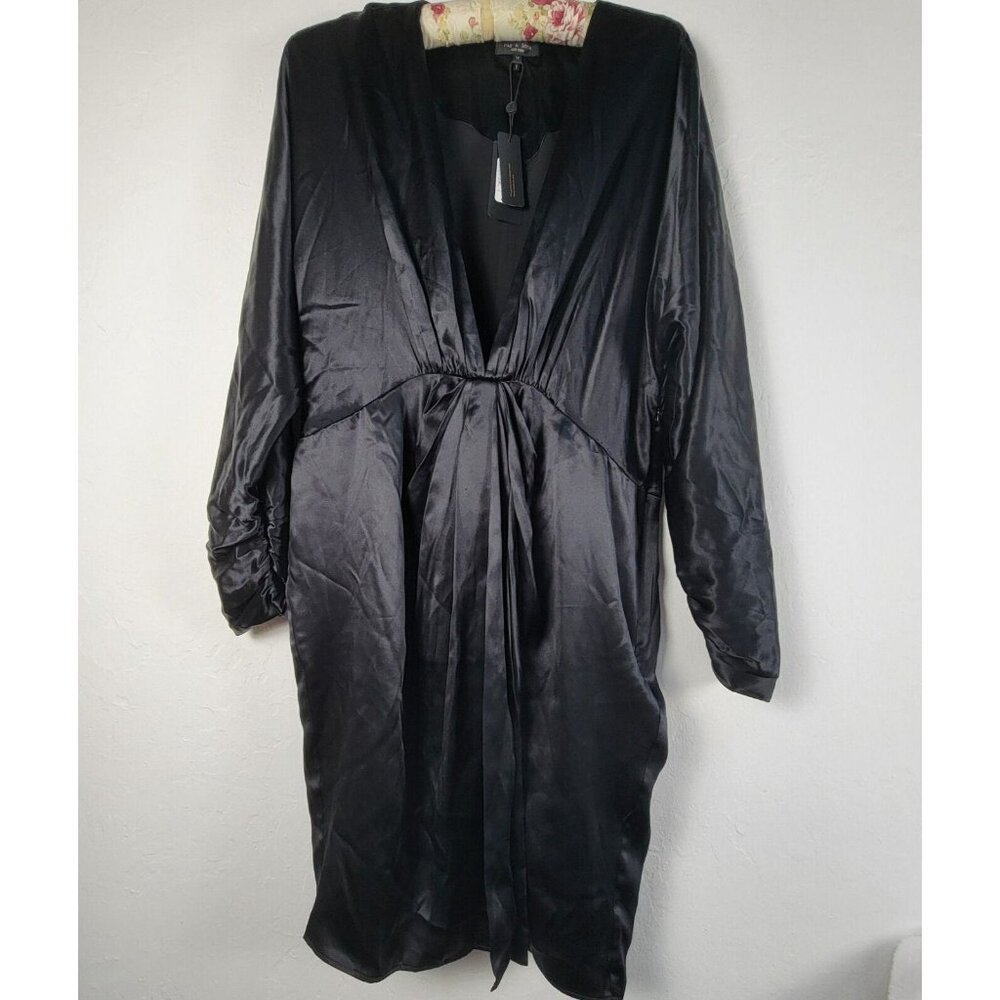 Rag & Bone Silk Eloise Mini Dress Sz 12 Black Long Sleeve V-Neck Ruched New $525